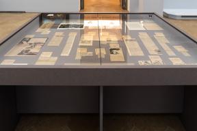 Photo détaillant le don Vitrine-table en Valchromat gris clair avec verre neuf