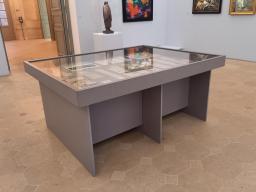 Photo détaillant le don Vitrine-table en Valchromat gris clair avec verre neuf